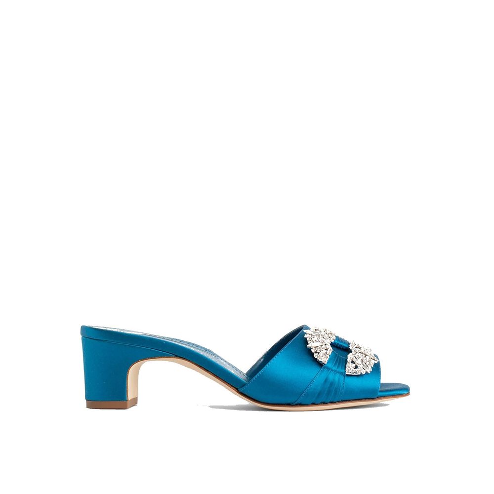 Manolo Blahnik Blue Silk Mules - Luxury Boutique Co
