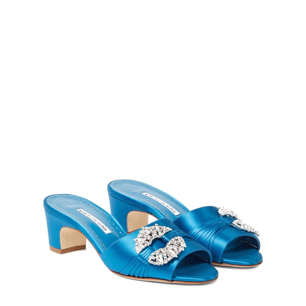 Manolo Blahnik Blue Silk Mules - Luxury Boutique Co