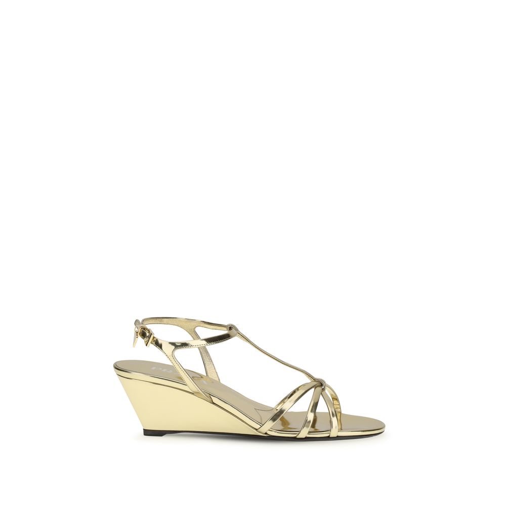 Prada Gold Calf Leather Bos Taurus Wedge Sandals - Luxury Boutique Co