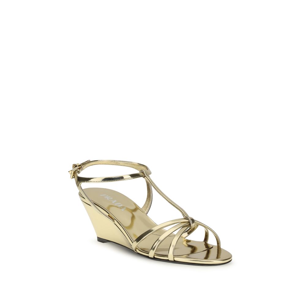 Prada Gold Calf Leather Bos Taurus Wedge Sandals - Luxury Boutique Co