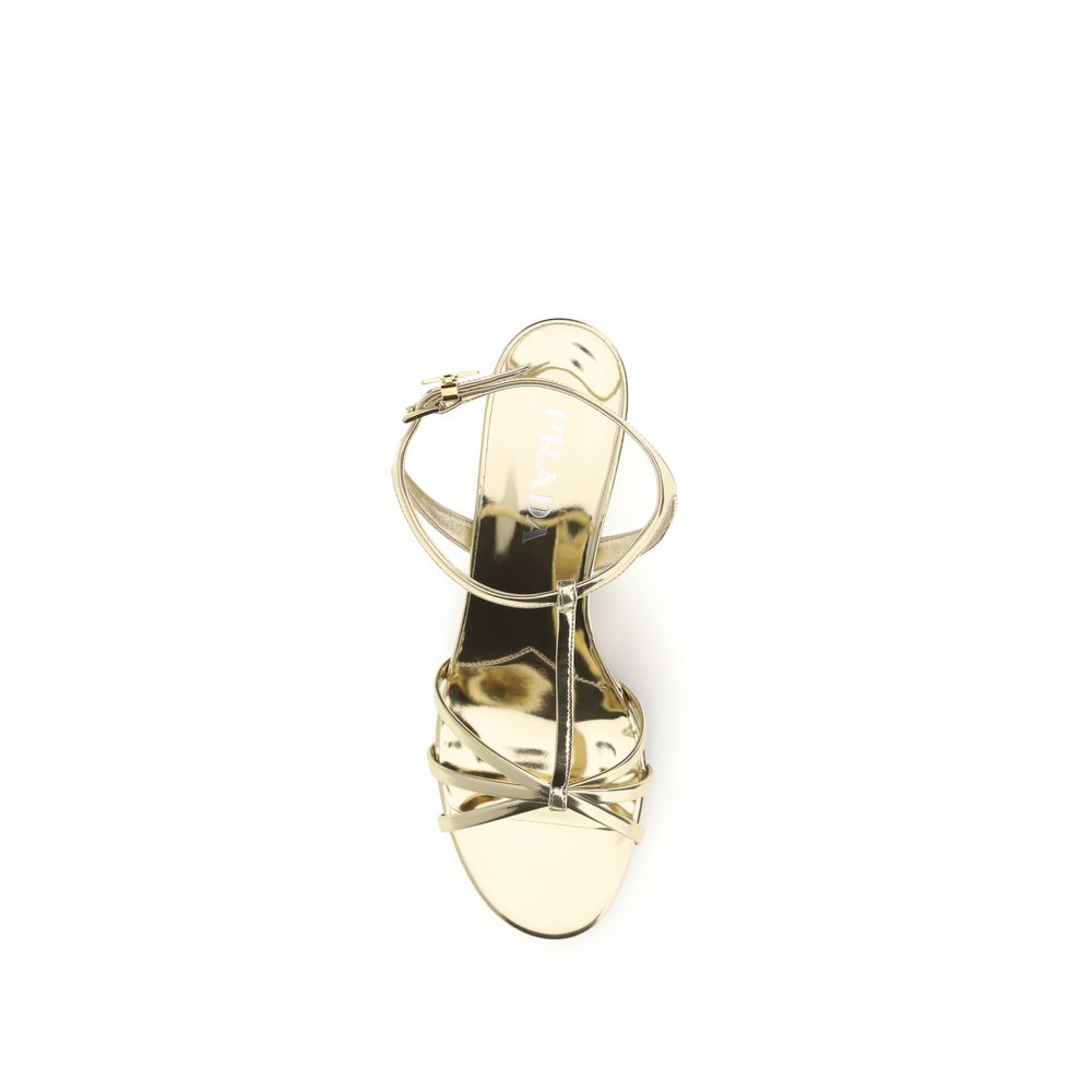Prada Gold Calf Leather Bos Taurus Wedge Sandals - Luxury Boutique Co