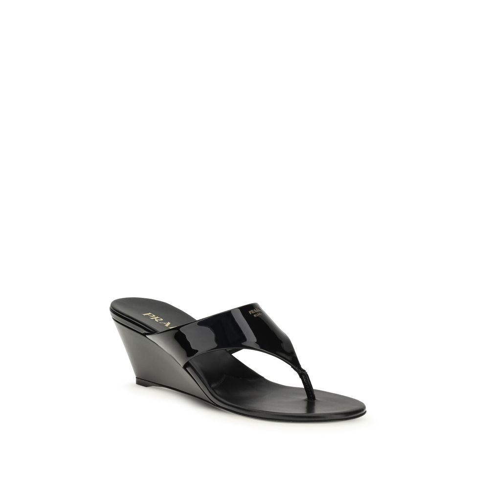 Prada Black Calf Leather Bos Taurus Wedge Sandals - Luxury Boutique Co