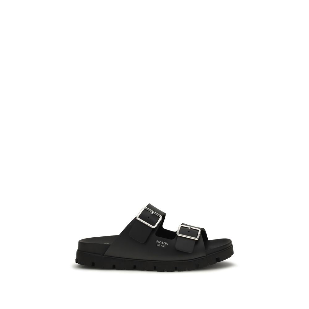 Prada Black Calf Leather Bos Taurus Flat Sandals - Luxury Boutique Co