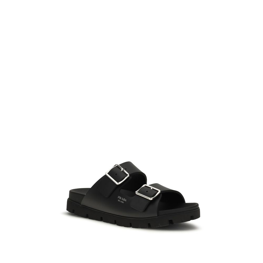 Prada Black Calf Leather Bos Taurus Flat Sandals - Luxury Boutique Co