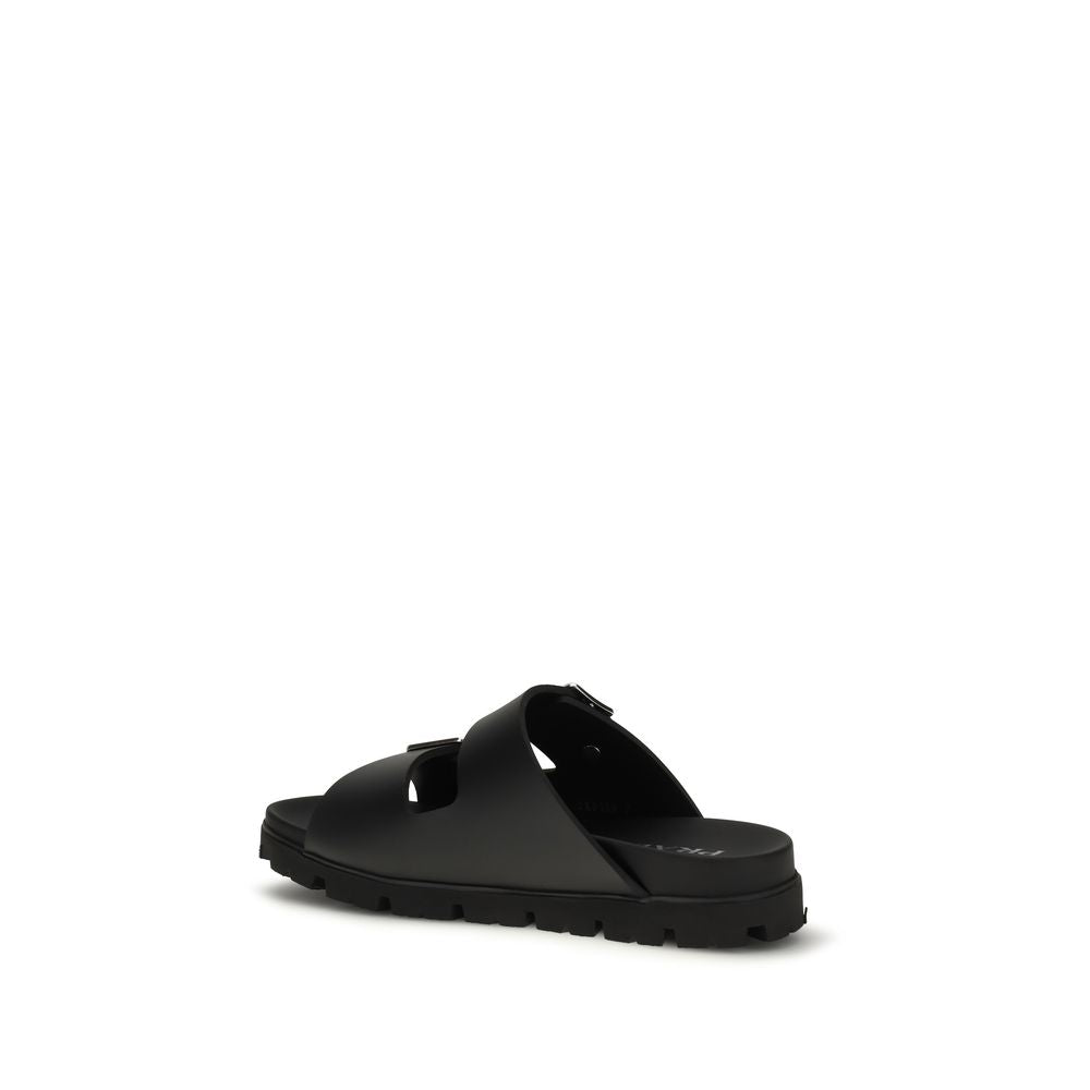 Prada Black Calf Leather Bos Taurus Flat Sandals - Luxury Boutique Co