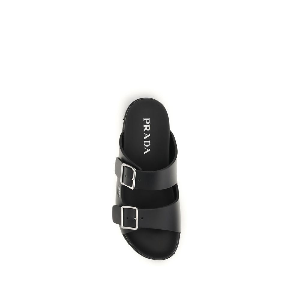 Prada Black Calf Leather Bos Taurus Flat Sandals - Luxury Boutique Co