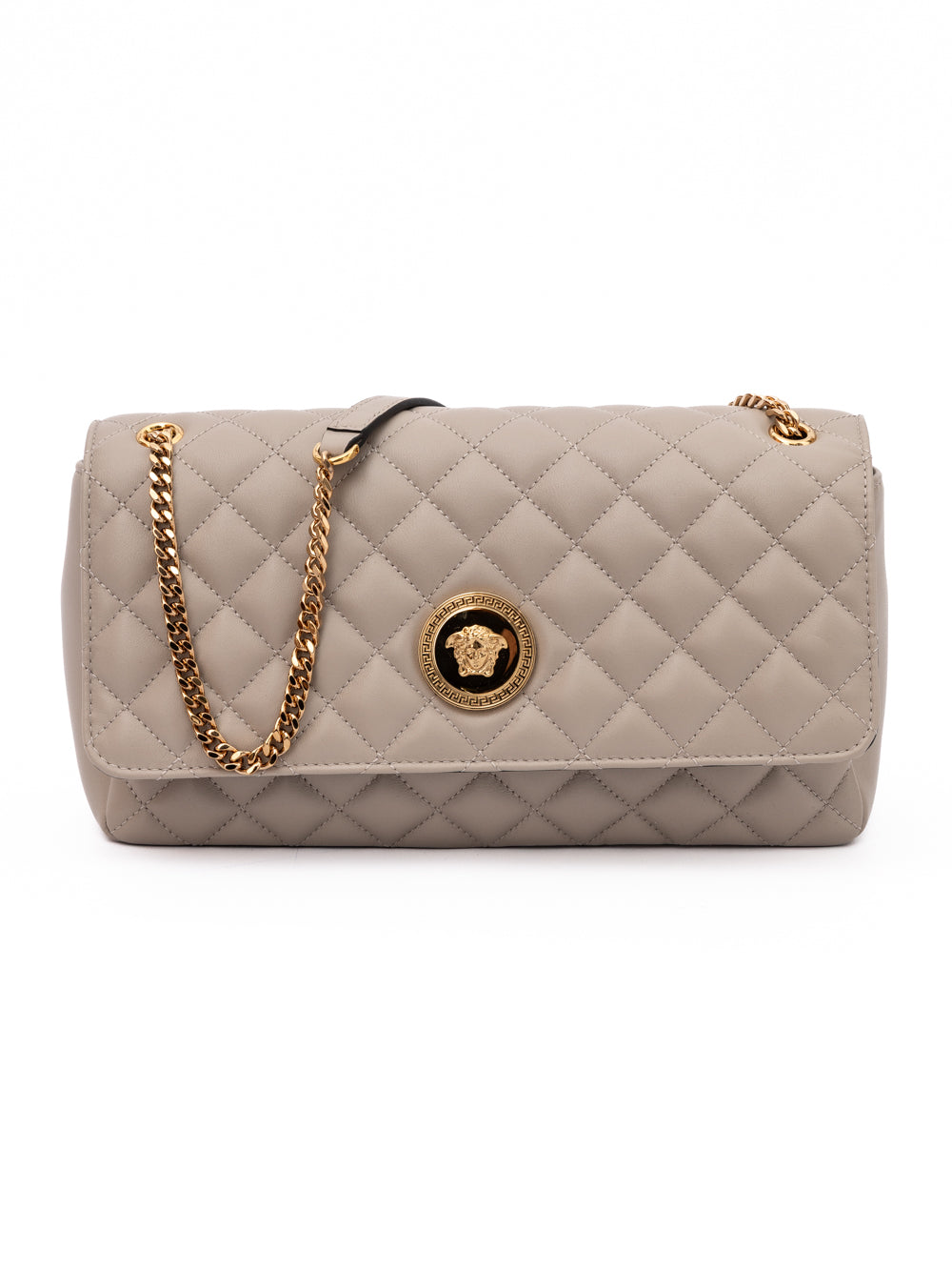 Bolso con correa de hombro de cuero acolchado color visón de Versace