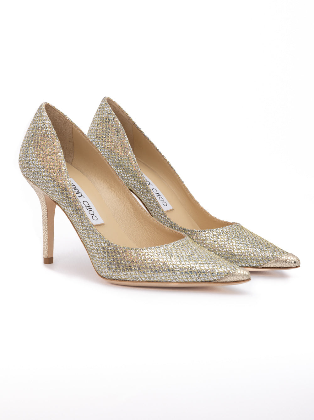 Jimmy Choo Gold Glitter Fabric Agnes Pumps - Luxury Boutique Co