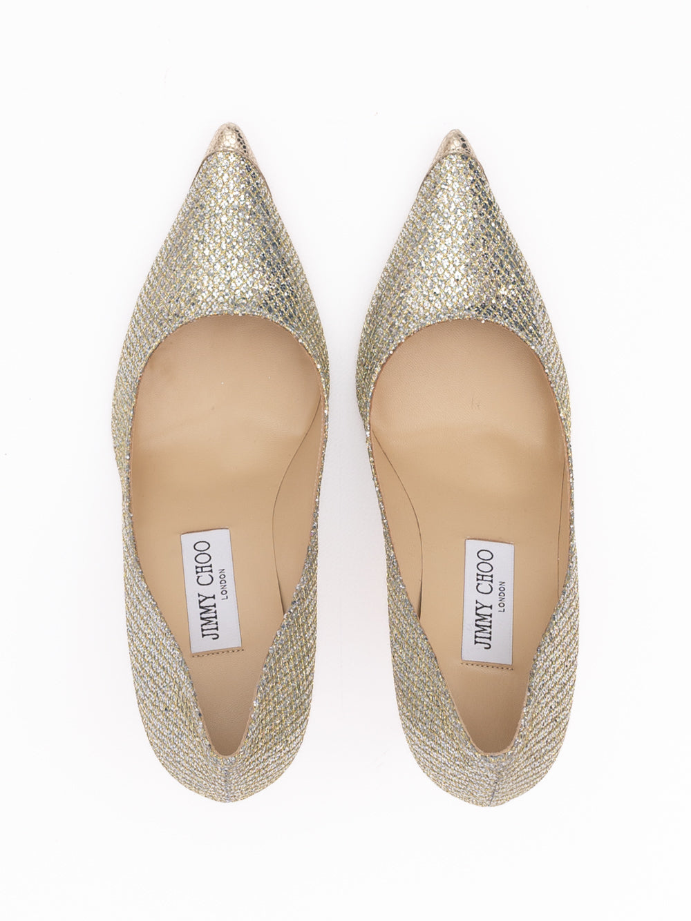 Jimmy Choo Gold Glitter Fabric Agnes Pumps - Luxury Boutique Co