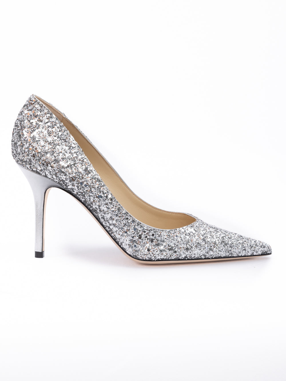 Jimmy Choo Silver Coarse Glitter Fabric Agnes Pumps - Luxury Boutique Co