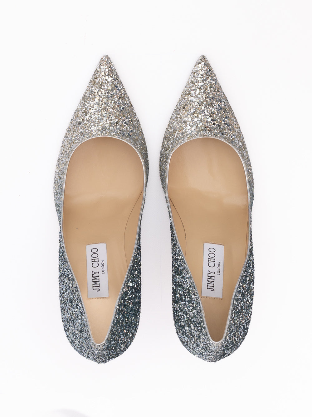 Jimmy Choo Silver Coarse Glitter Fabric Agnes Pumps - Luxury Boutique Co