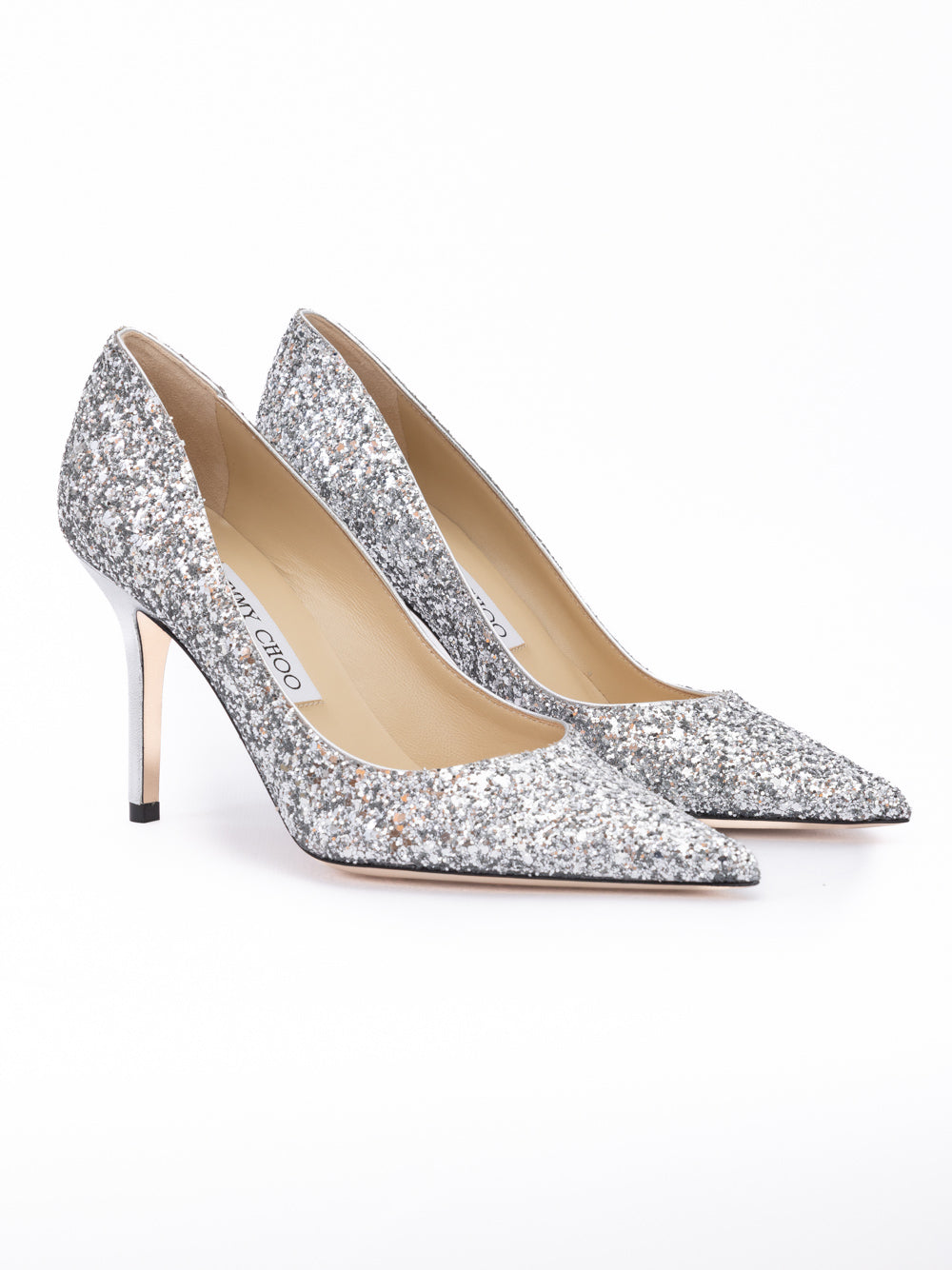 Jimmy Choo Silver Coarse Glitter Fabric Agnes Pumps - Luxury Boutique Co