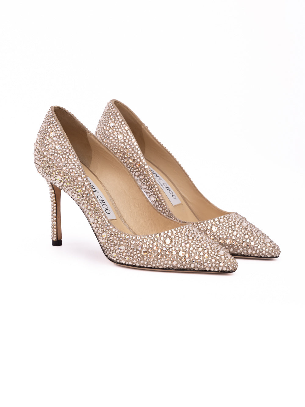 Jimmy Choo Honey Gold Shimmer Suede Crystals Romy 85 pumps - Luxury Boutique Co