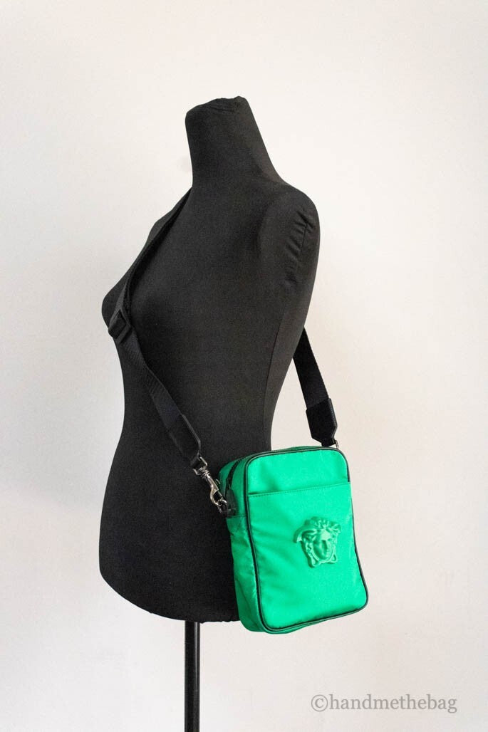 Versace Small Bright Green Nylon Fabric Medusa Crossbody Messenger Bag Purse - Luxury Boutique Co