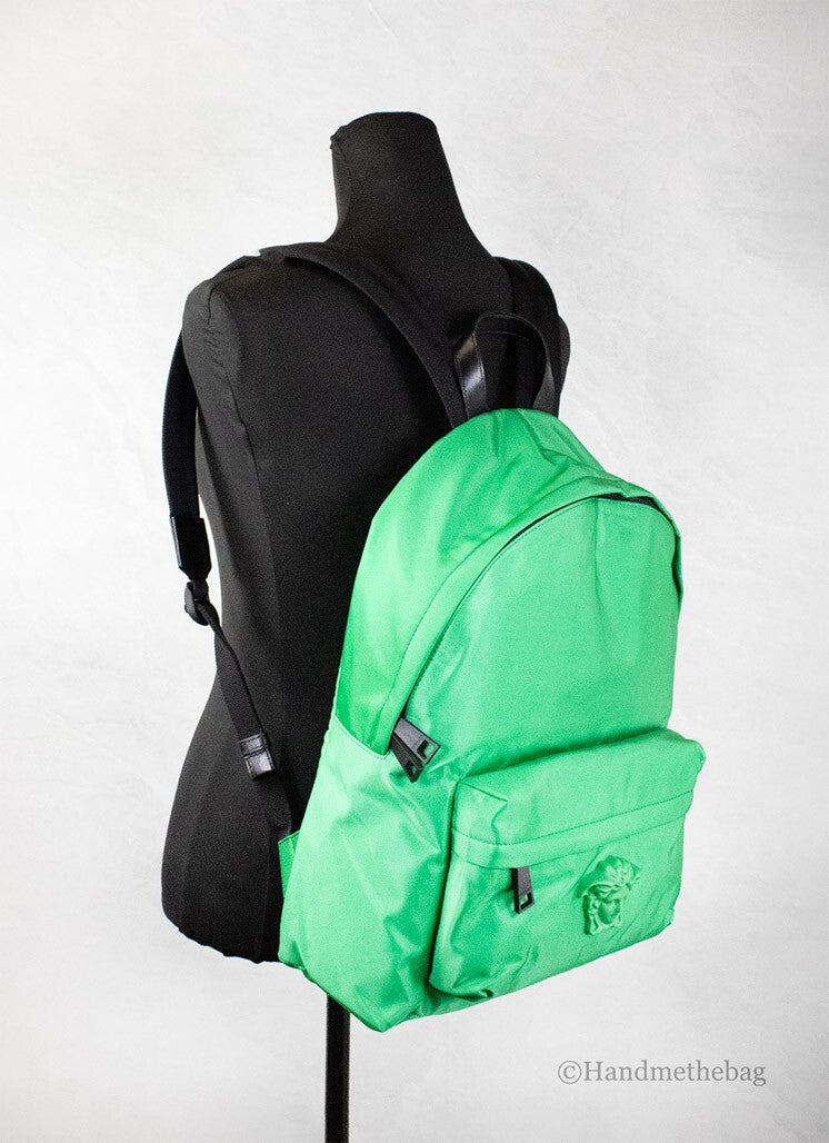 Versace Large Bright Green Nylon Fabric Medusa Shoulder Backpack Bookbag - Luxury Boutique Co