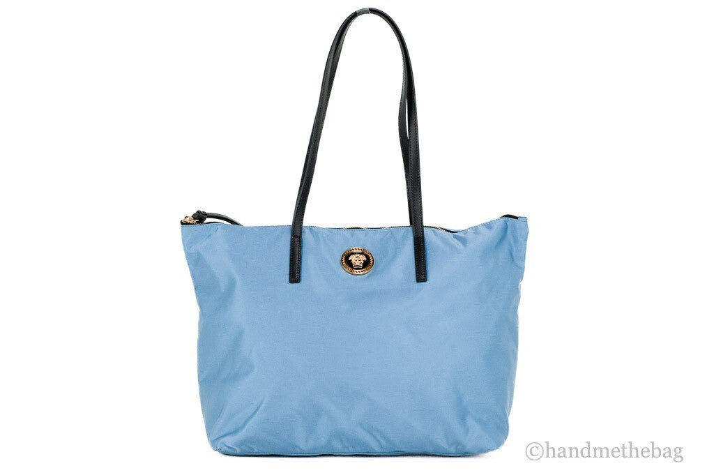 Versace Portuna Medusa Medium Cornflower Blue Nylon Leather Tote Bag Purse - Luxury Boutique Co