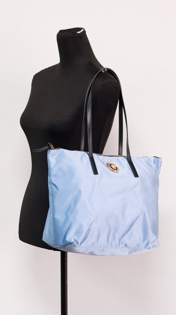 Versace Portuna Medusa Medium Cornflower Blue Nylon Leather Tote Bag Purse - Luxury Boutique Co