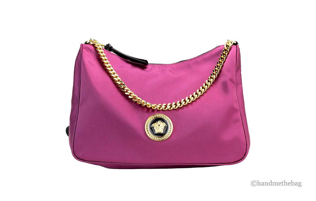 Versace Small Dahlia Nylon Fabric Medusa Pendant Crossbody Shoulder Purse Bag - Luxury Boutique Co