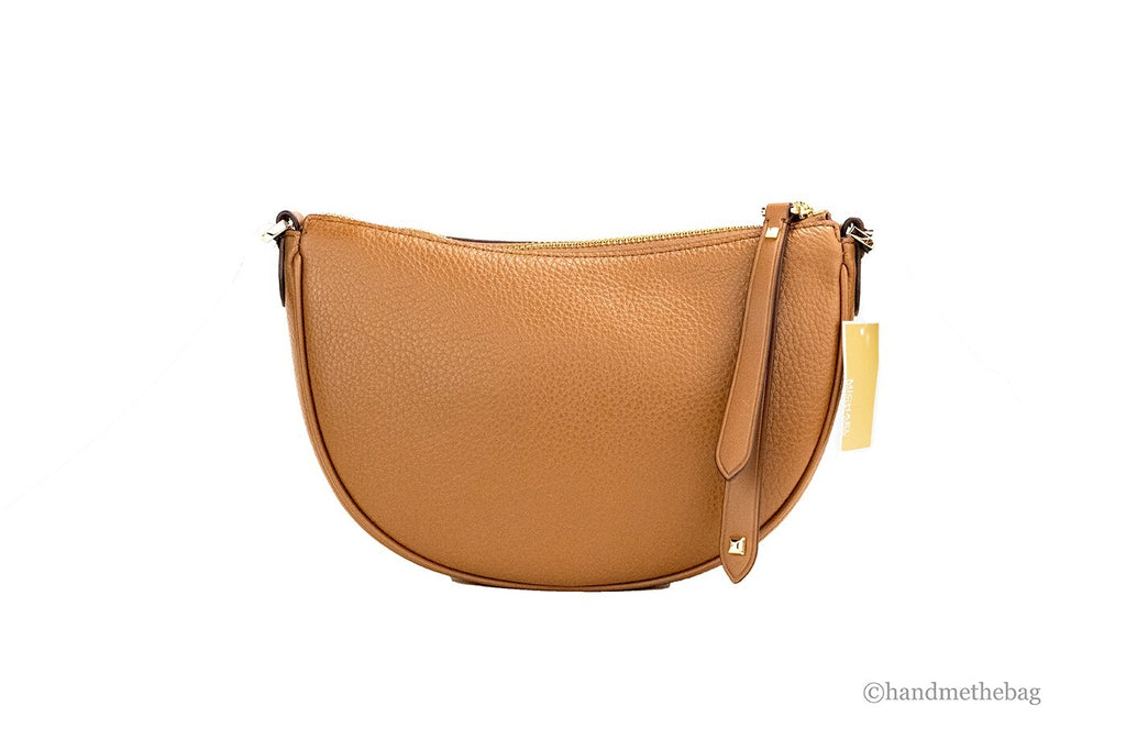 Michael Kors Dover Small Luggage Pebbled Leather Half Moon Crossbody Bag Purse - Luxury Boutique Co