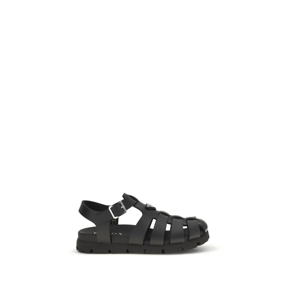 Prada Black Calf Leather Bos Taurus Flat Sandals - Luxury Boutique Co