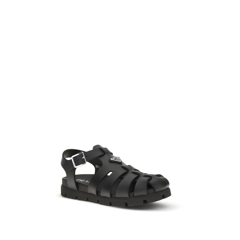 Prada Black Calf Leather Bos Taurus Flat Sandals - Luxury Boutique Co