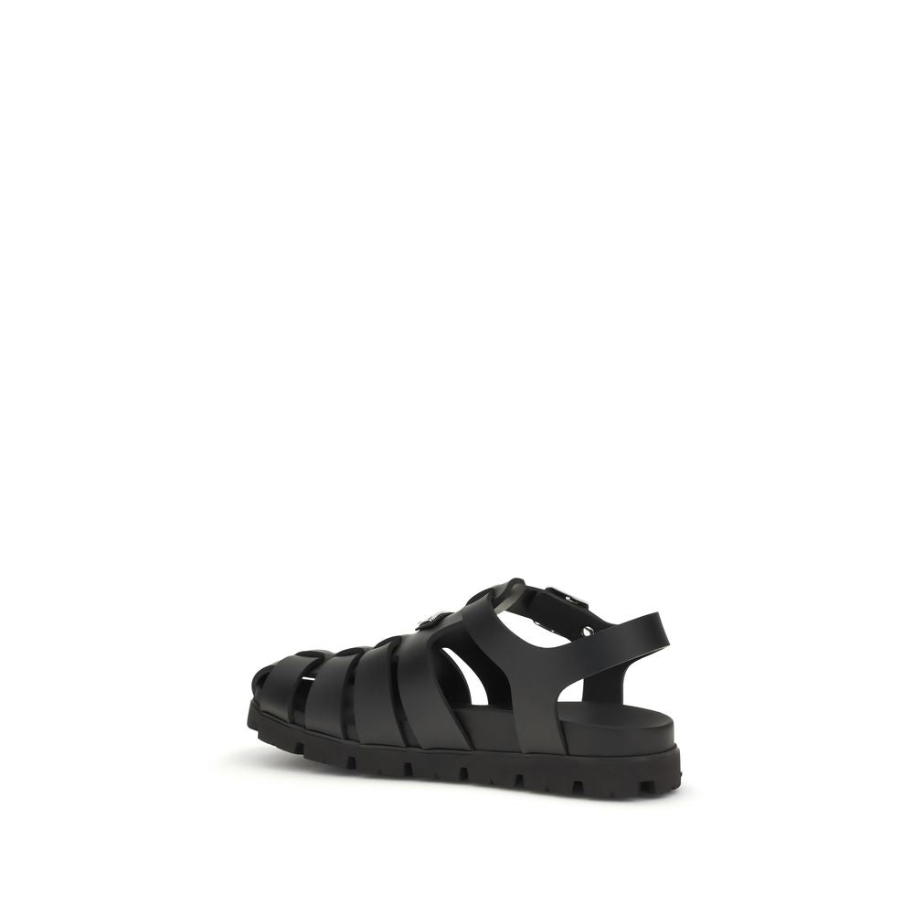 Prada Black Calf Leather Bos Taurus Flat Sandals - Luxury Boutique Co