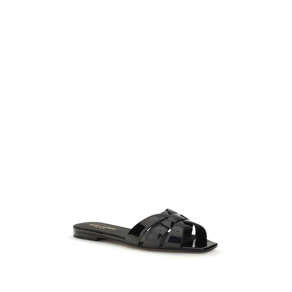 Saint Laurent Black Calf Leather Bos Taurus Flat Sandals - Luxury Boutique Co