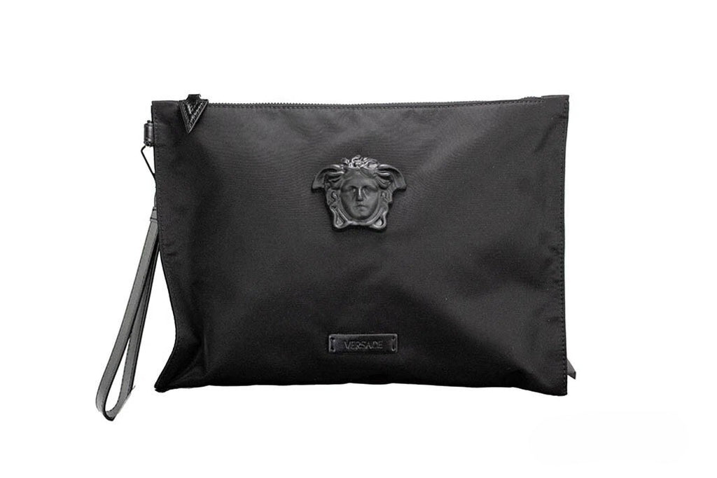 Versace Large Black Nylon Fabric Medusa Convertible Pouch Clutch Wristlet Bag - Luxury Boutique Co