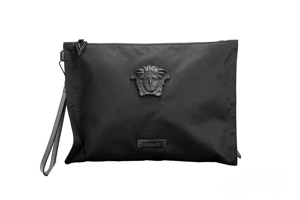 Versace Large Black Nylon Fabric Medusa Convertible Pouch Clutch Wristlet Bag - Luxury Boutique Co