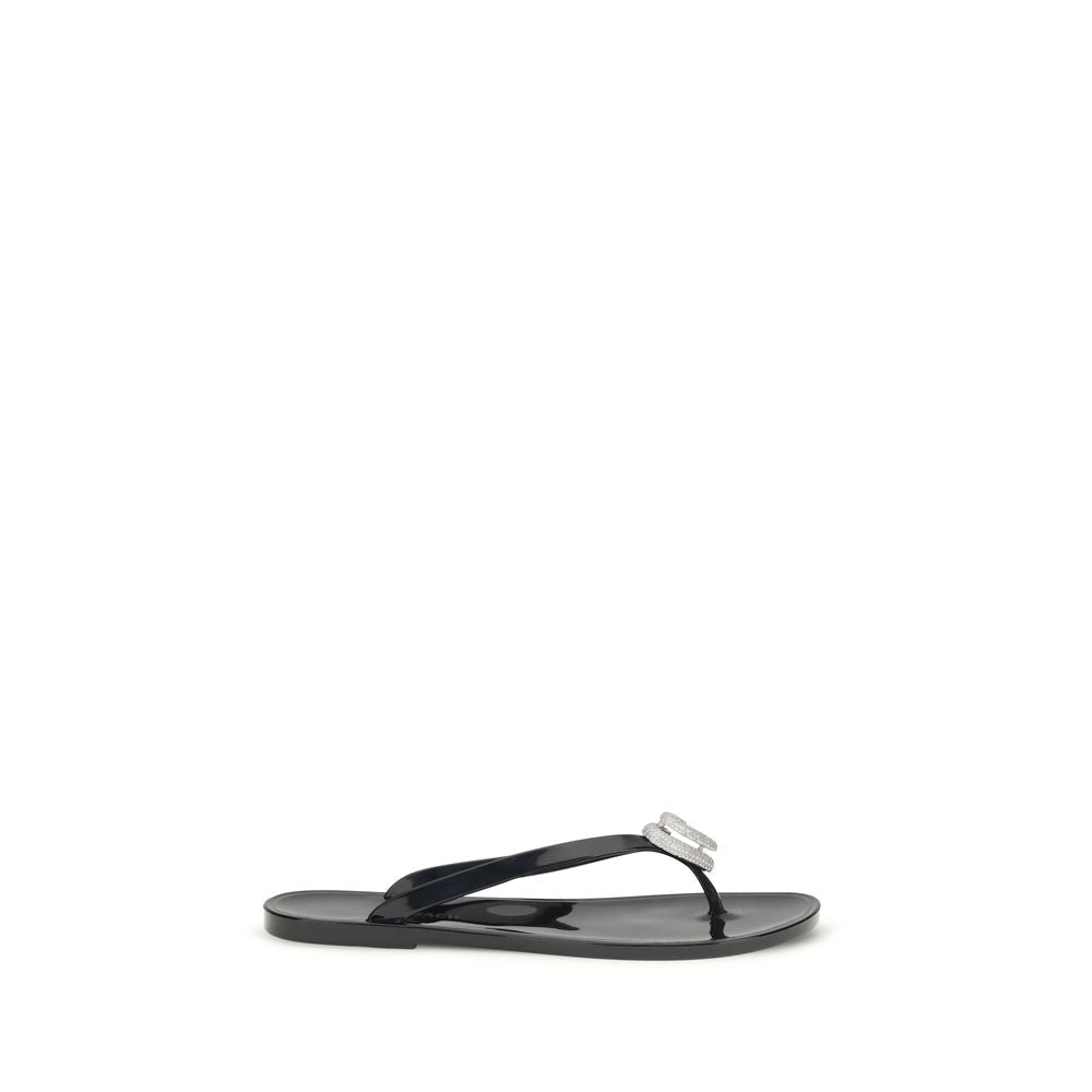 MACH & MACH Black Rubber Flat Sandals - Luxury Boutique Co