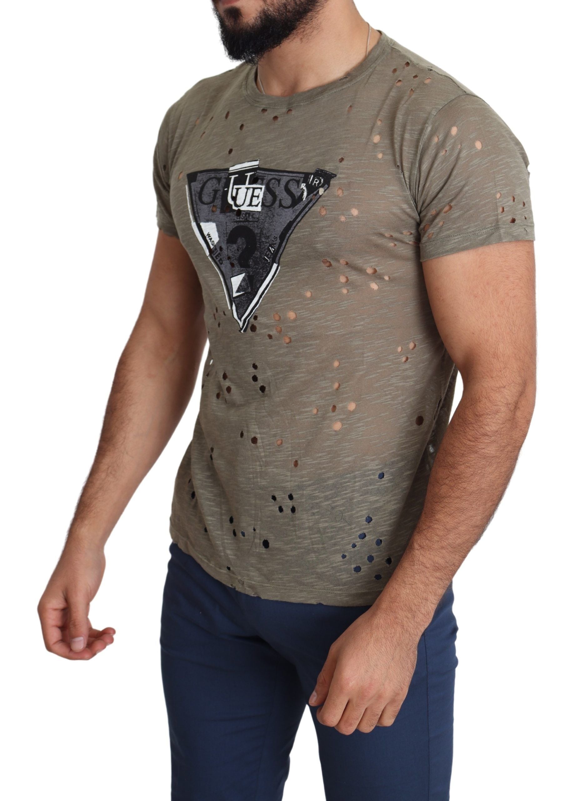 Guess Brown Cotton Stretch Logo Print Men Casual Perforated T-shirt - Luxury Boutique Co