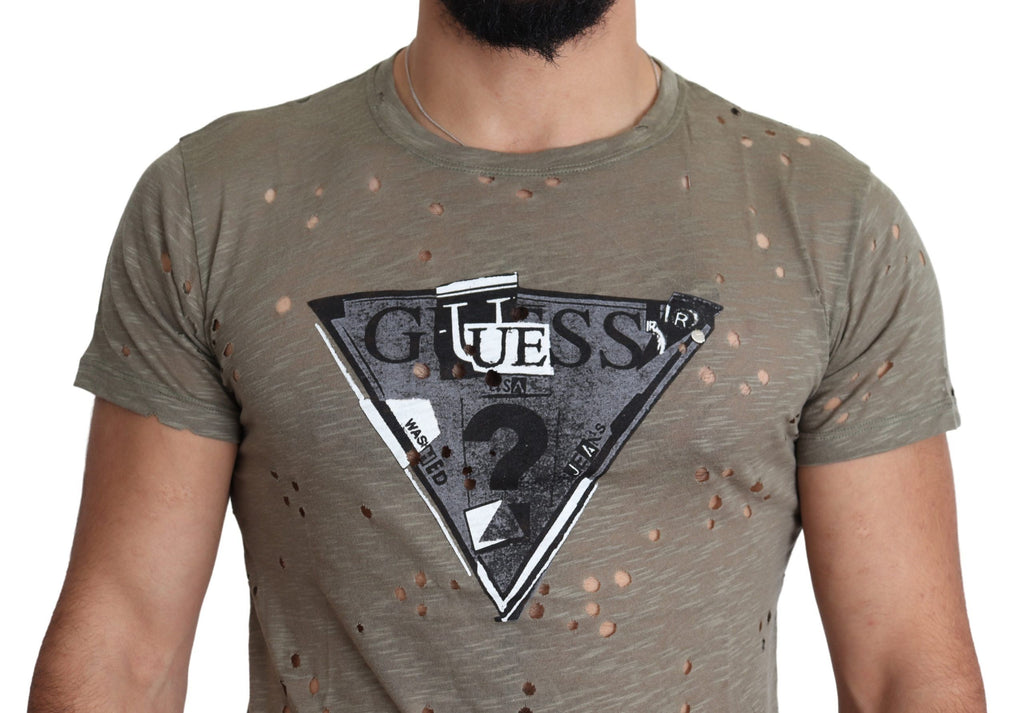Guess Brown Cotton Stretch Logo Print Men Casual Perforated T-shirt - Luxury Boutique Co