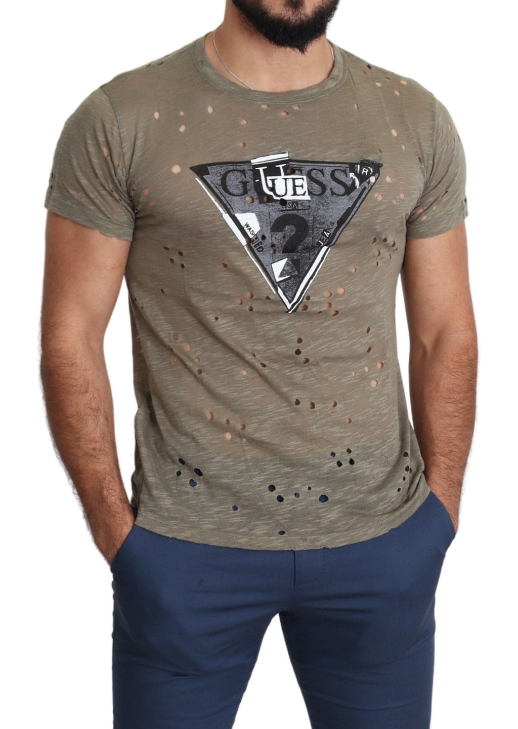 Guess Brown Cotton Stretch Logo Print Men Casual Perforated T-shirt - Luxury Boutique Co