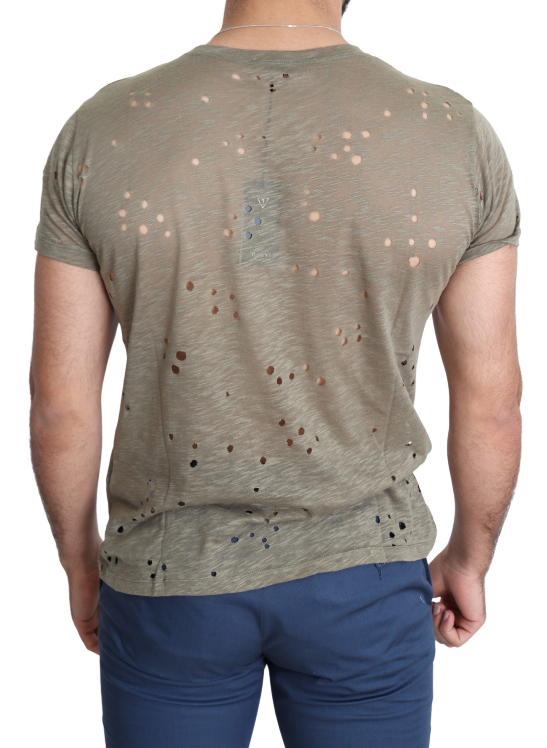 Guess Brown Cotton Stretch Logo Print Men Casual Perforated T-shirt - Luxury Boutique Co
