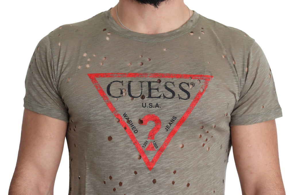 Guess Brown Cotton Stretch Logo Print Men Casual Perforated T-shirt - Luxury Boutique Co