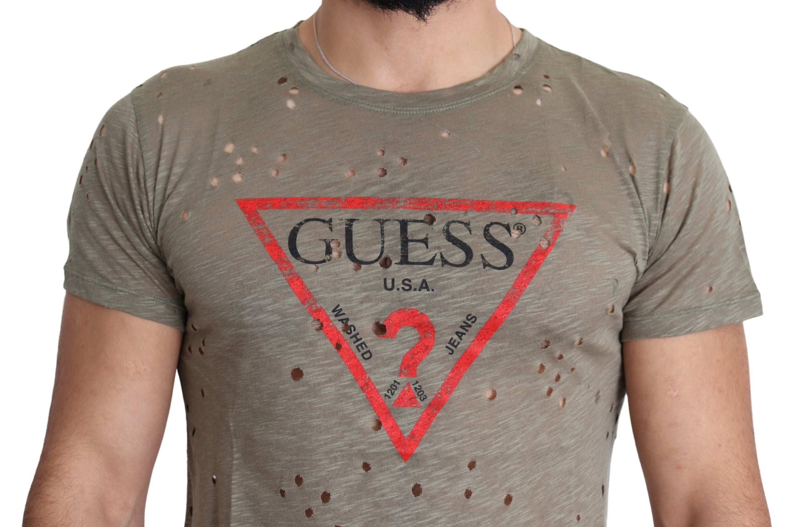 Guess Brown Cotton Stretch Logo Print Men Casual Perforated T-shirt - Luxury Boutique Co