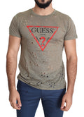Guess Brown Cotton Stretch Logo Print Men Casual Perforated T-shirt - Luxury Boutique Co