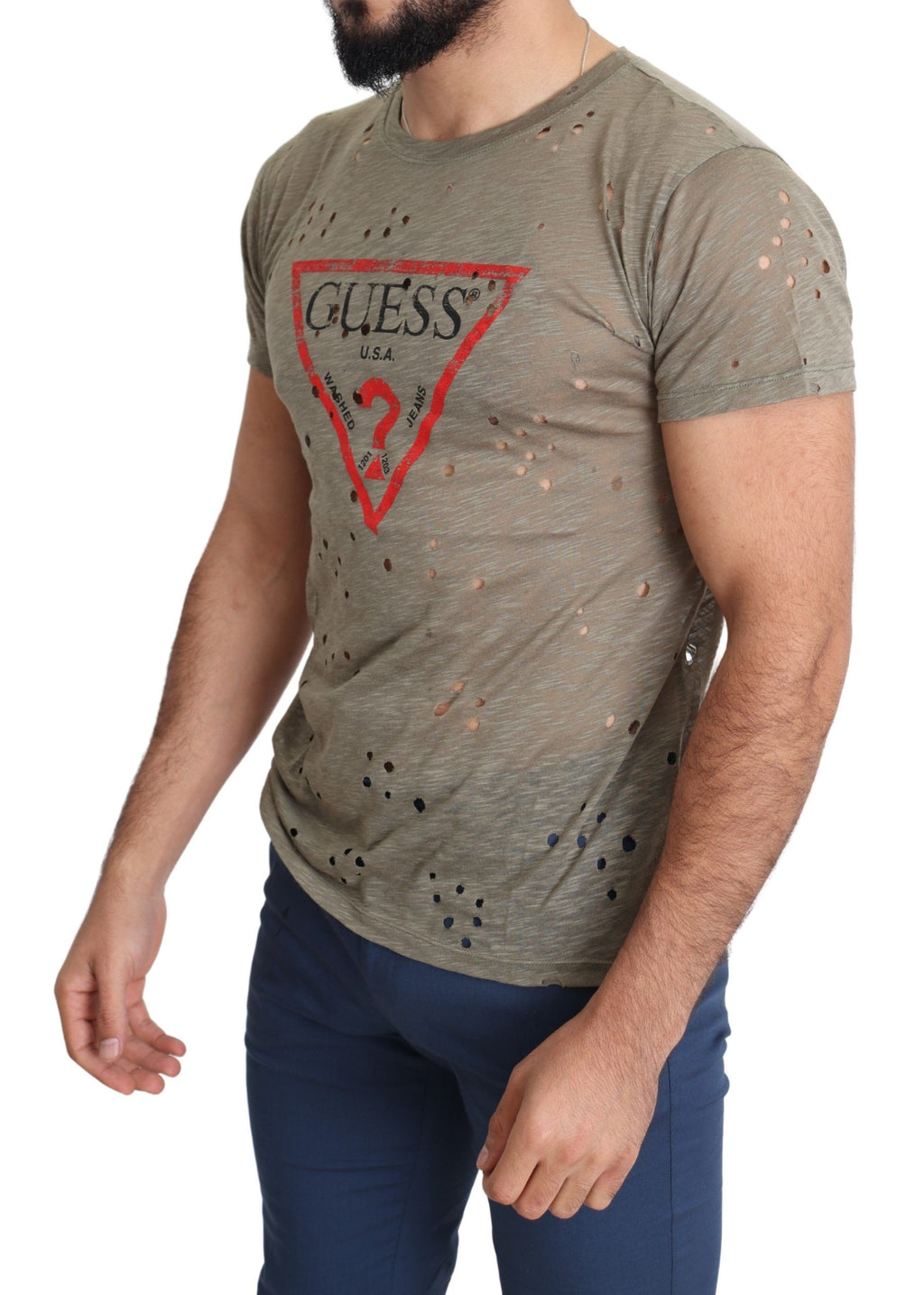 Guess Brown Cotton Stretch Logo Print Men Casual Perforated T-shirt - Luxury Boutique Co
