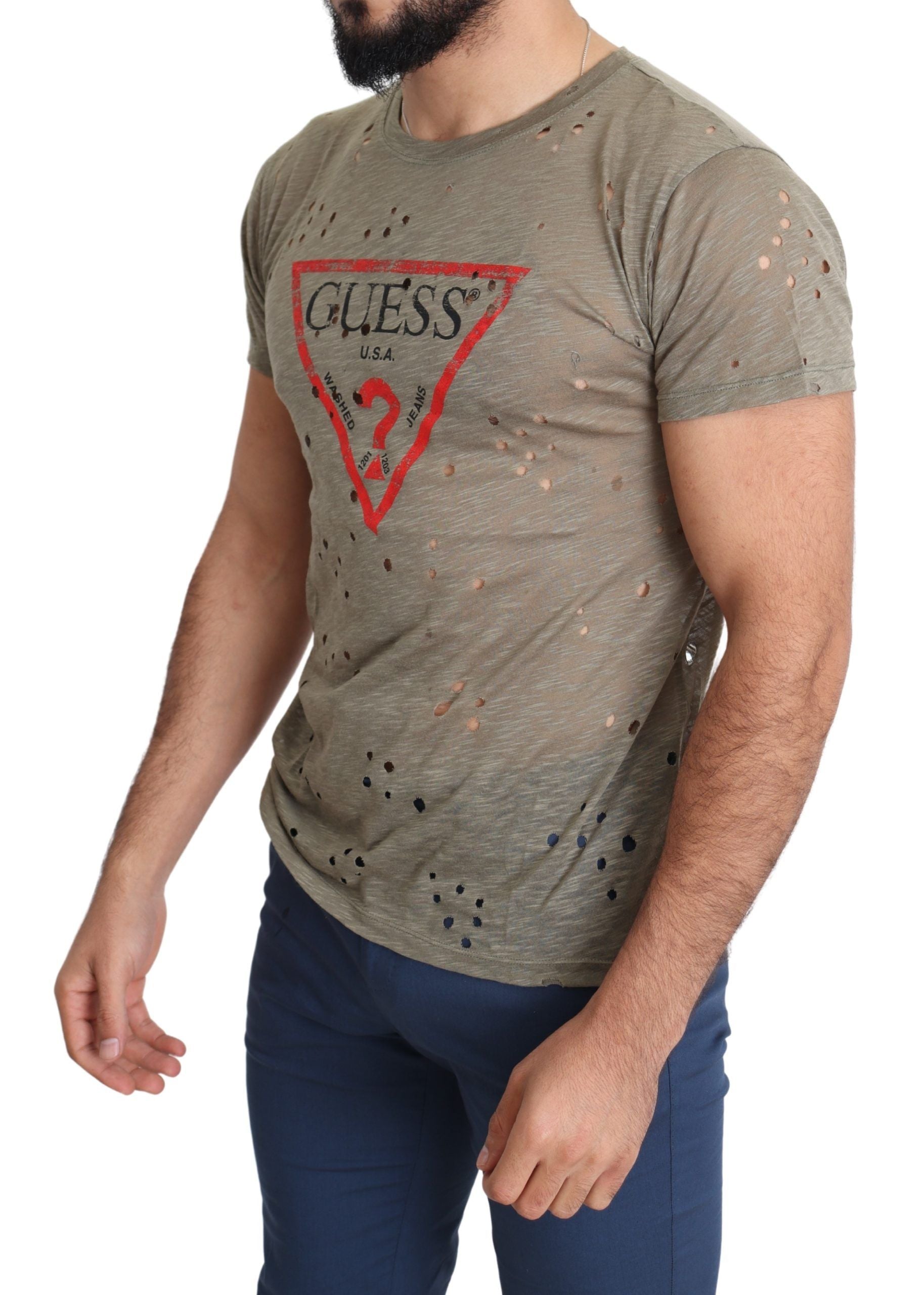 Guess Brown Cotton Stretch Logo Print Men Casual Perforated T-shirt - Luxury Boutique Co