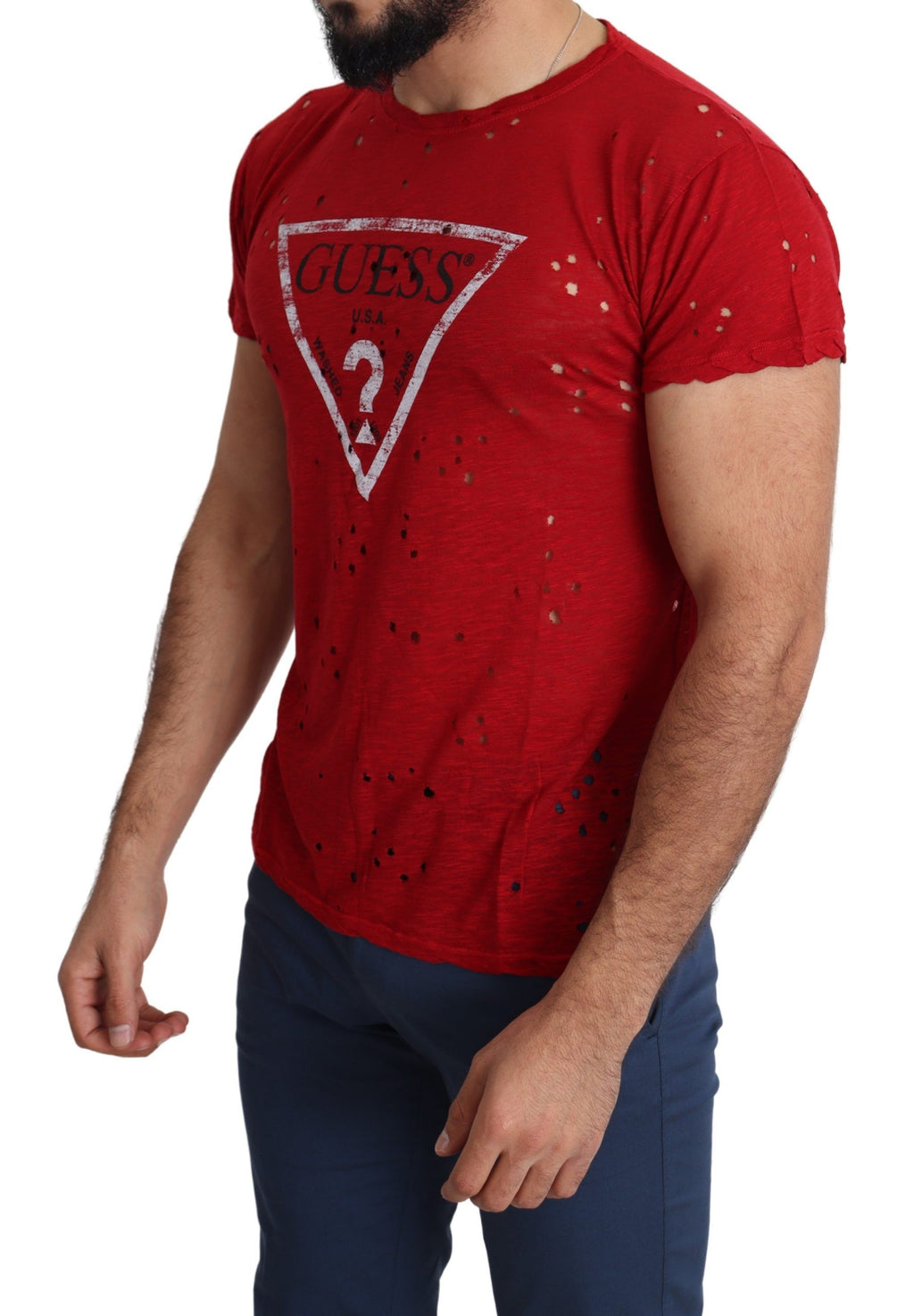 Guess Red Cotton Logo Print Men Casual Top Perforated T-shirt - Luxury Boutique Co