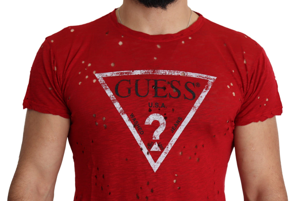 Guess Red Cotton Logo Print Men Casual Top Perforated T-shirt - Luxury Boutique Co
