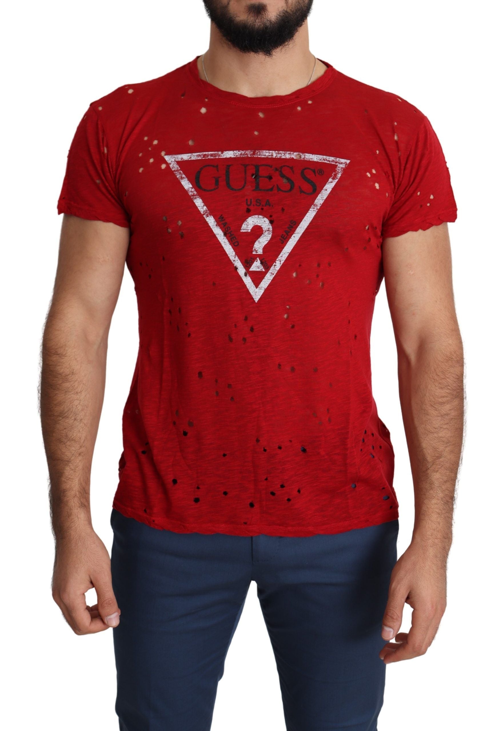 Guess Red Cotton Logo Print Men Casual Top Perforated T-shirt - Luxury Boutique Co