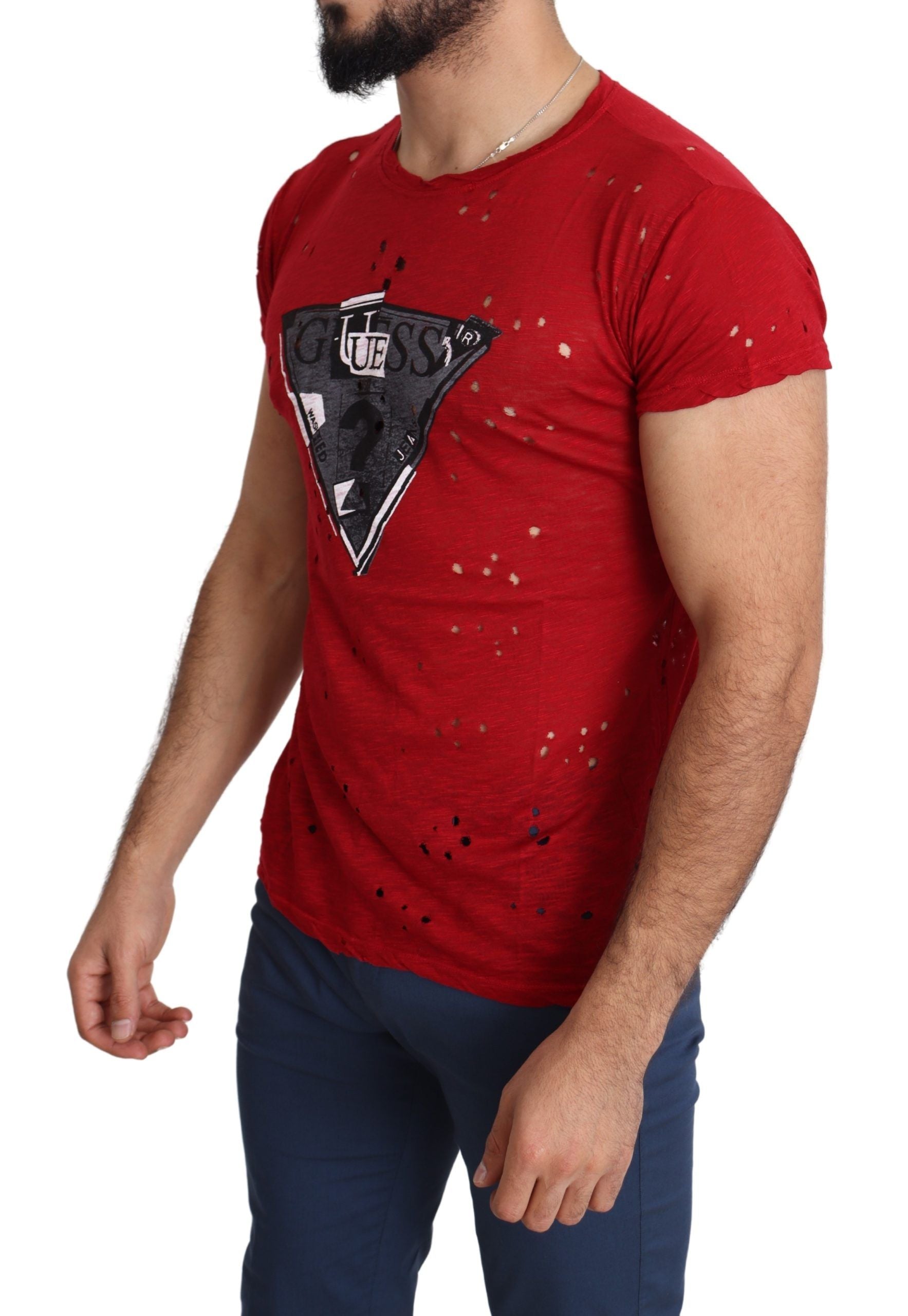 Guess Red Cotton Logo Print Men Casual Top Perforated T-shirt - Luxury Boutique Co