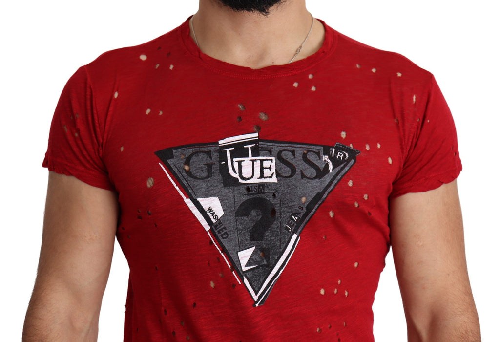 Guess Red Cotton Logo Print Men Casual Top Perforated T-shirt - Luxury Boutique Co