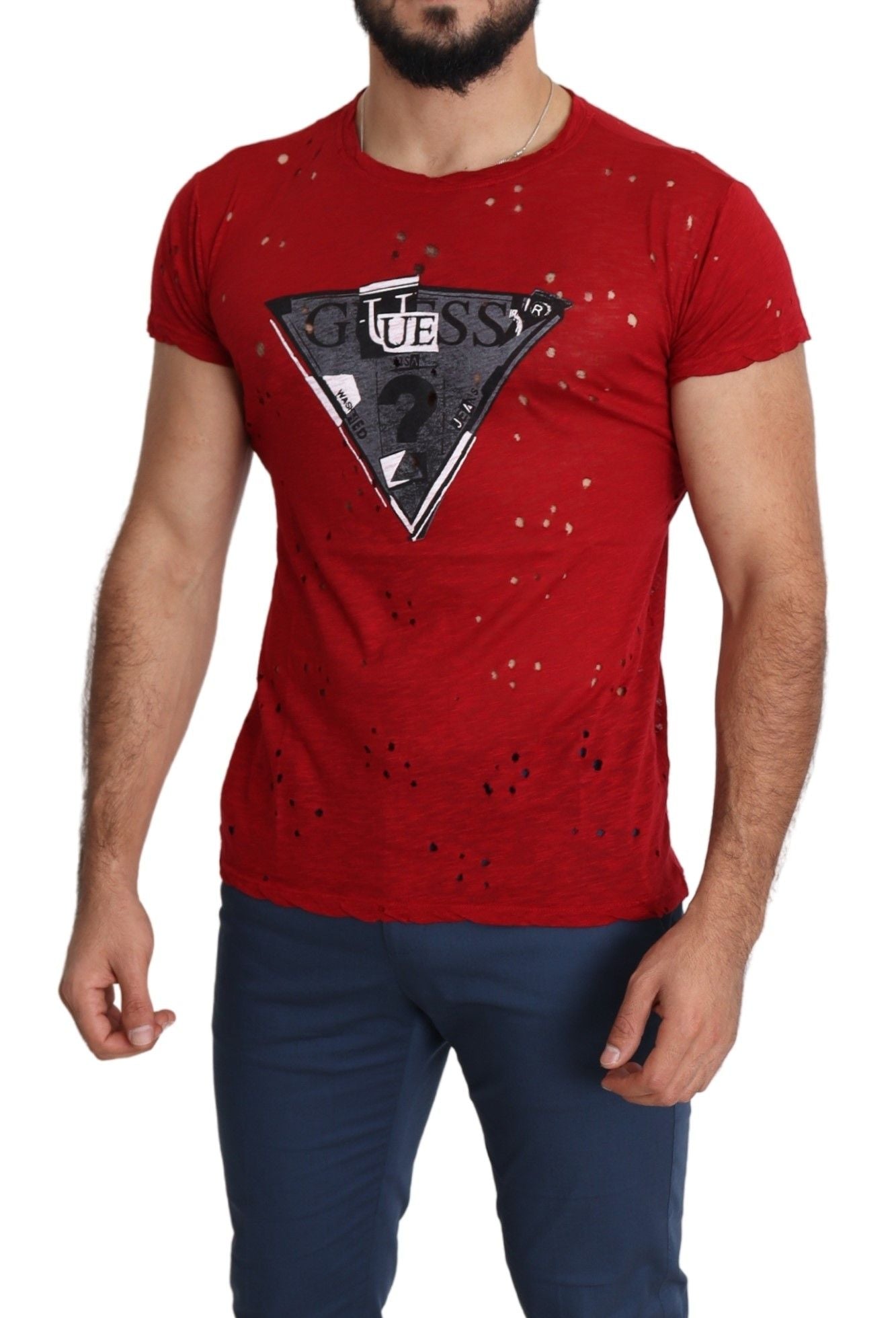 Guess Red Cotton Logo Print Men Casual Top Perforated T-shirt - Luxury Boutique Co