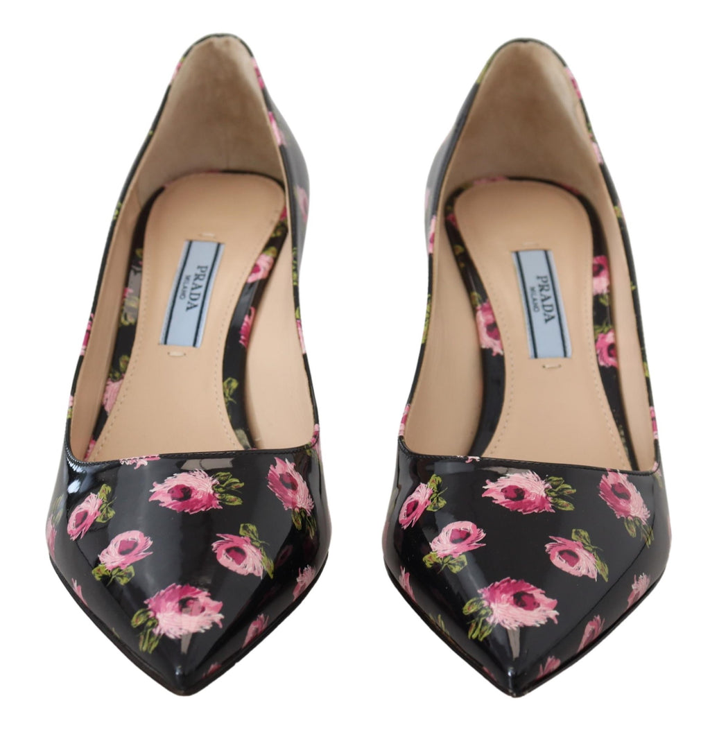 Prada Black Leather Floral Heels Stilettos Pumps - Luxury Boutique Co