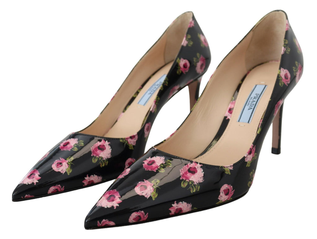 Prada Black Leather Floral Heels Stilettos Pumps - Luxury Boutique Co
