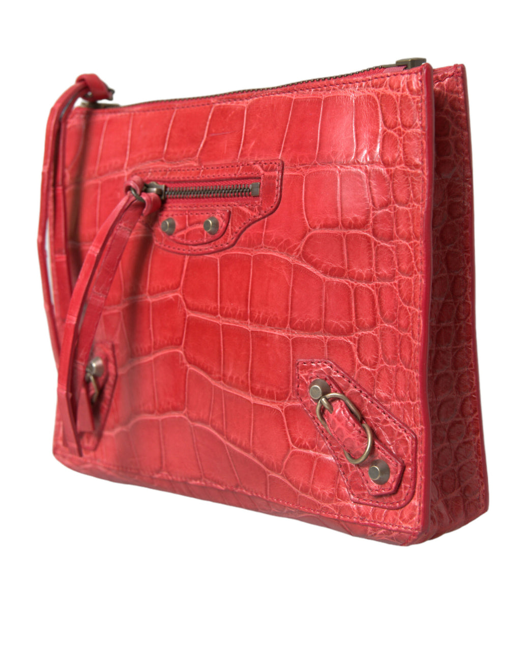 Balenciaga Red Exotic Skin Leather Classic Pouch Purse Wristlet Bag - Luxury Boutique Co