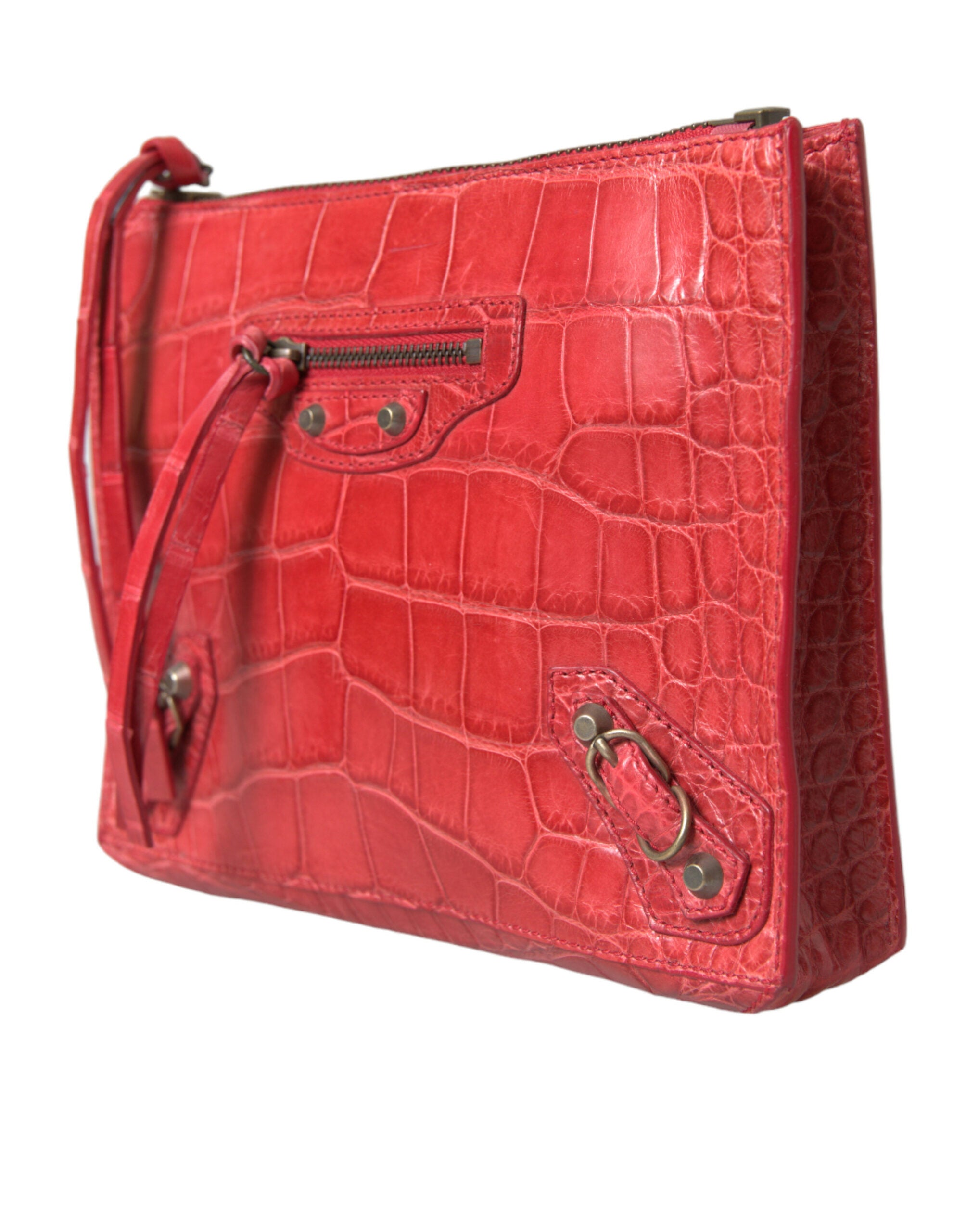 Balenciaga Red Exotic Skin Leather Classic Pouch Purse Wristlet Bag - Luxury Boutique Co
