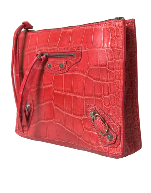 Balenciaga Red Exotic Skin Leather Classic Pouch Purse Wristlet Bag - Luxury Boutique Co